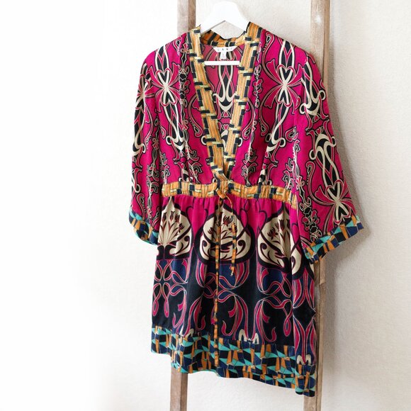 CAbi Chelsea Tunic SzL Colorful 100% Silk Babydoll Empire Waist Tie 3/4 Sleeve - Picture 1 of 9